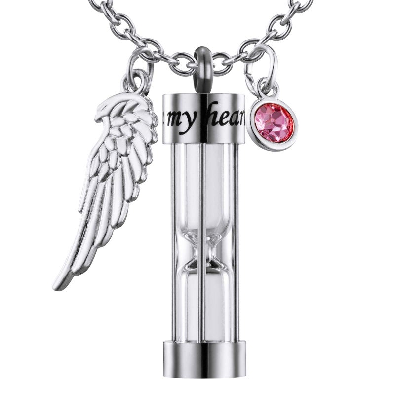 PREKIAR Cremation Urn Necklace for Ashes Time Hourglass Memory Jewelry Pendant Keepsake with Angel Wing and 12 Birthstones Forever In My Heart (Silver hourglass) - Image 1